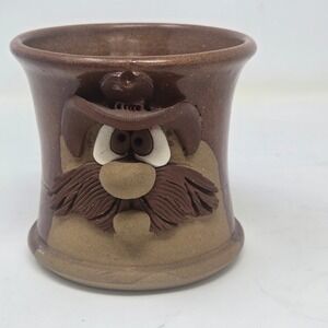 Vintage Studio Pottery Face Mug Handcrafted Mustache Cowboy Character Brown 3D